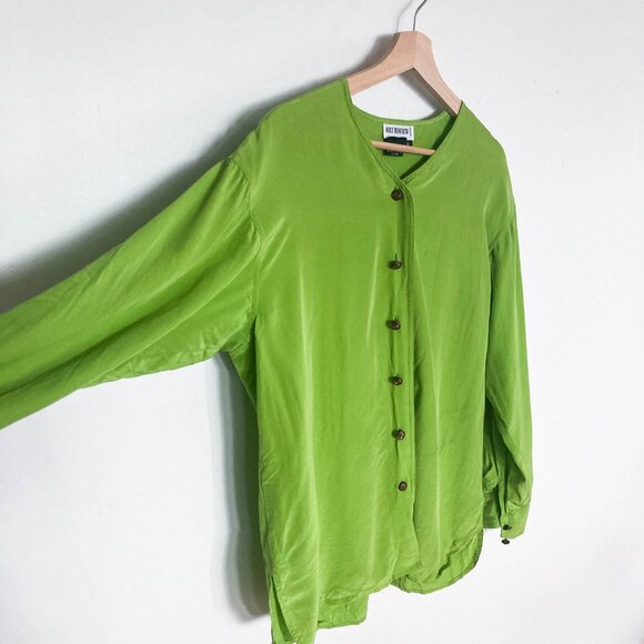 Vintage Lime Green 100% Silk Blouse - Picture 4 of 11